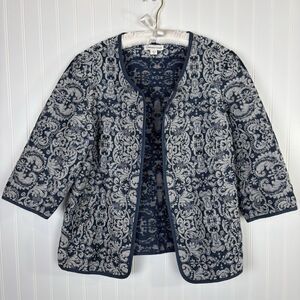 Coldwater Creek Womens Tapestry Jacket Blazer Size 16P Blue Damask Classic Chic